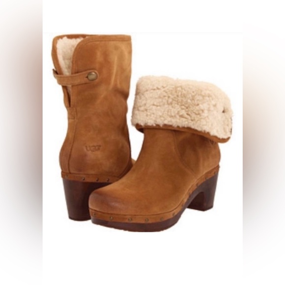 UGG Lynnea Brown Leather Suede Fold Over Shearling Cuff Clog Boots Size 8 - Picture 1 of 6